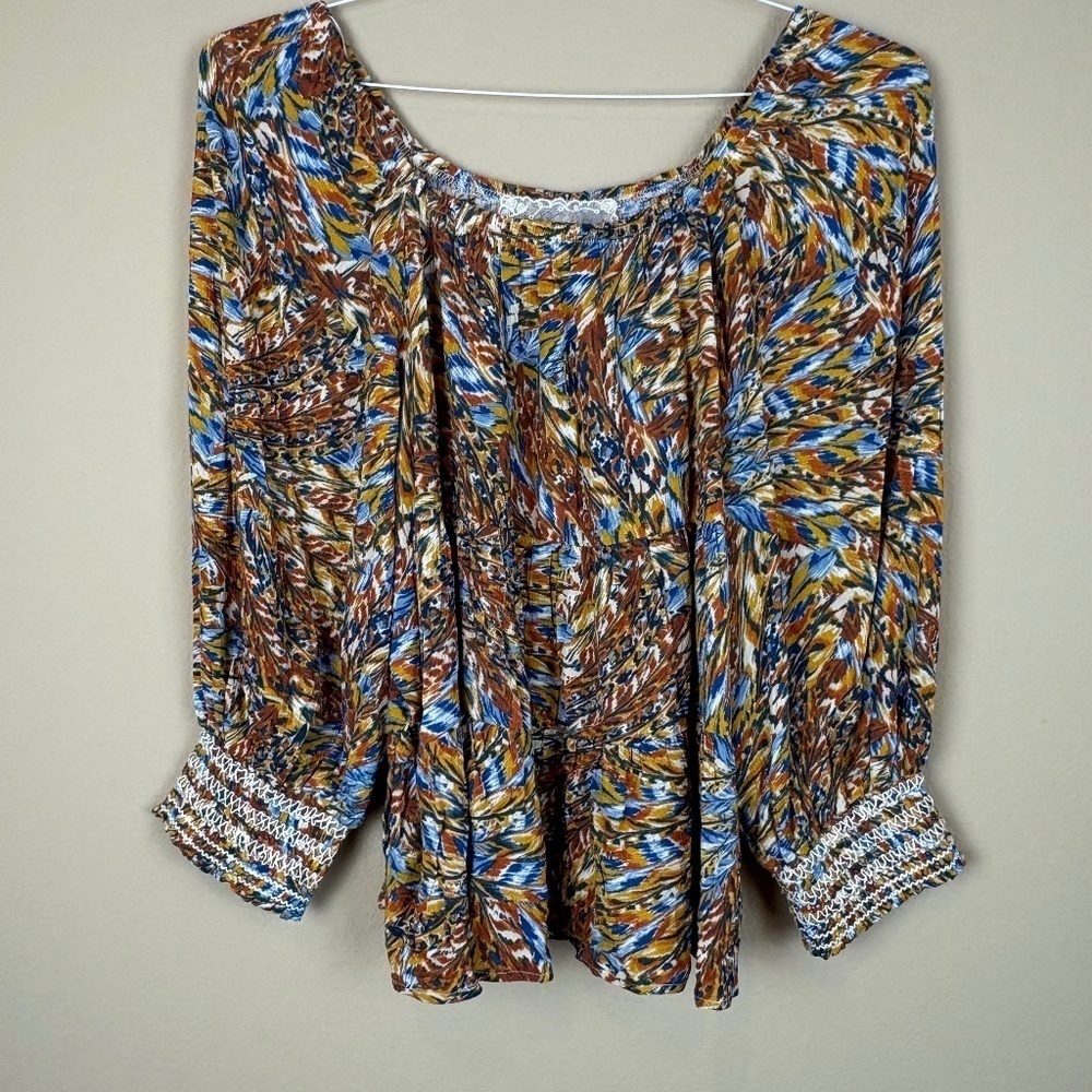 NWT Cupio Caramel/Blue Tiered Pullover Square Neck, 3/4 Blousen Sleeves; Size L